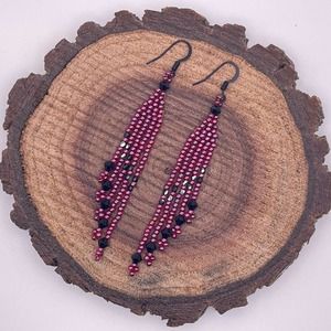 Seed Bead Fringe Dangle Earrings Gold Luster Raspberry Glass Beads Black Crystal